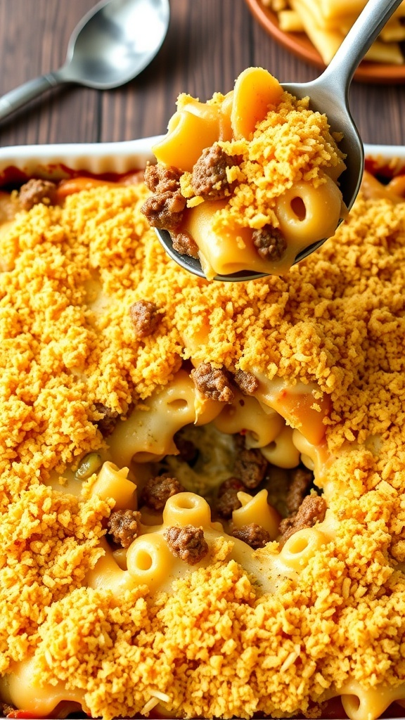 A hearty hamburger casserole with layers of beef, pasta, and melted cheese, served in a square baking dish.